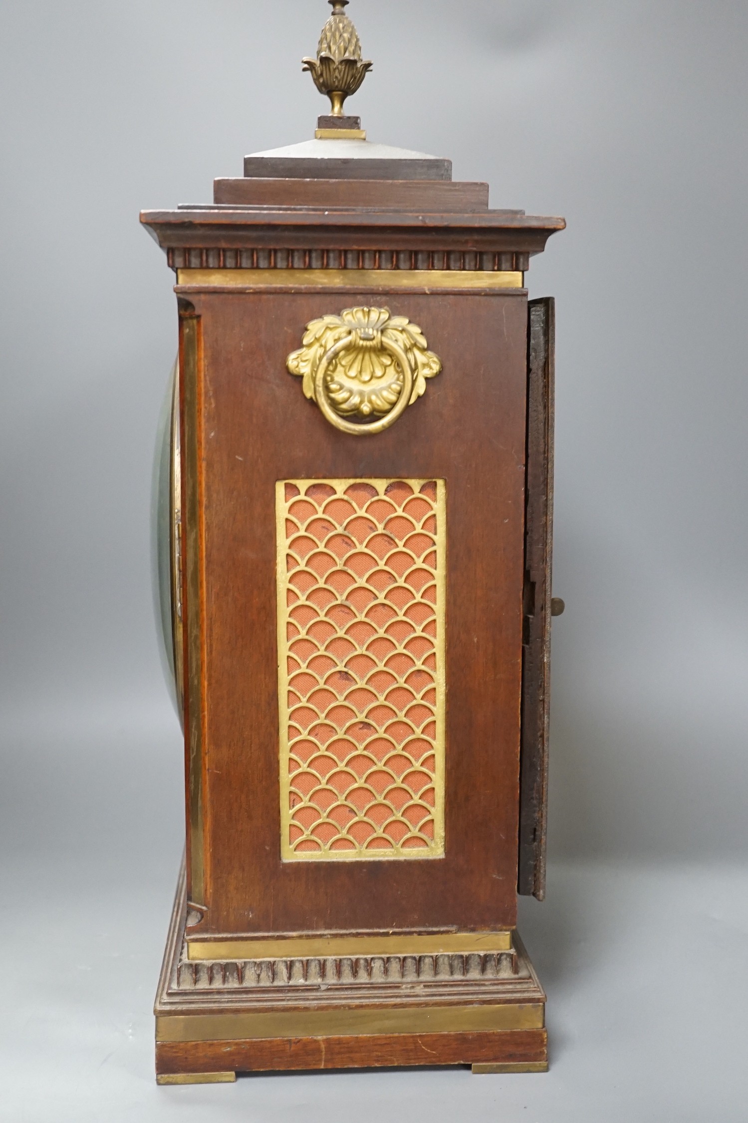 A Regency style mahogany bracket clock, pendulum, no key. 50cm